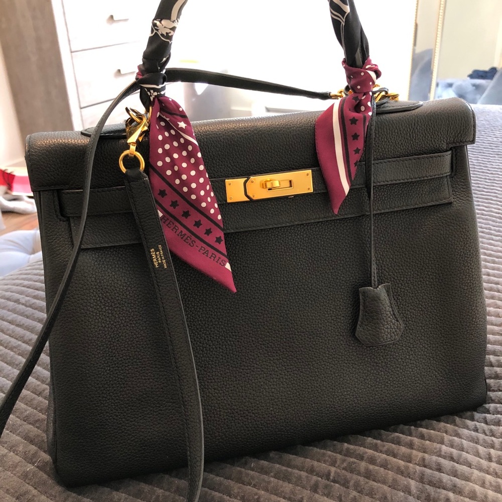 Hermes Kelly bag handbag tote black Togo w gold